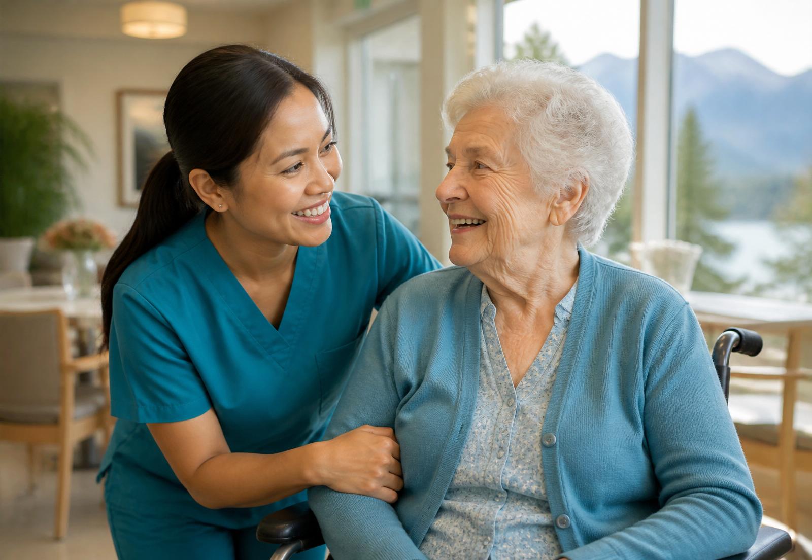 Care professional supporting an elderly resident in a bright BC senior care home